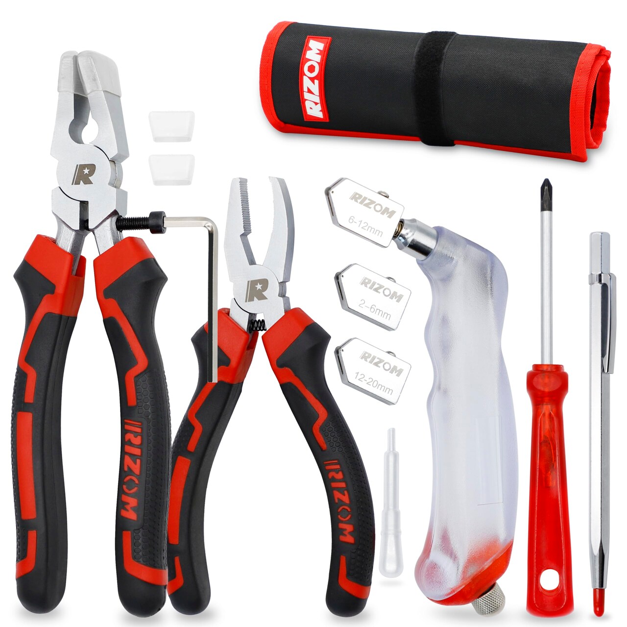 Glass Cutters Tools, Glass Cutter 2-20MM, 8" Glass Running Pliers with Curved Jaws, 6" Breaker Grozer Pliers, Glass Cutting Tool for Stained Glass, Tiles, Mosaic Cutting